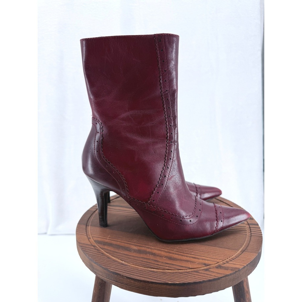 Nine West WNTENNA Vintage Burgundy Leather Brogue Pointed Toe Stiletto Boots 6M